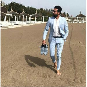 Suits Summer Blue Men Suits Fashion Notch Lapel Linen Male Blazer Groom Wedding Tuxedo Best Man Casual Formal 2 Piece Jacket Pants