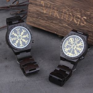 Bracelets feitos de madeira feitos à mão Man Women Runic Circle Watch com leme dourado de Awe ou Vegvisir Quartz Wristwatch Macho