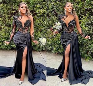 Black Beading Aso Ebi Evening Dresses With Long Sleeves Sheer Neck Sexy Thigh Split Special Occasion Party Dress Pleated Long Mermaid Women Formal Gown CL3307