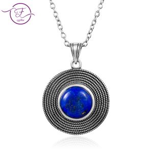 Pendants 2019 Yeni Liste S925 STERLING Gümüş Retro Yuvarlak Mavi Lapis Lazuli Kolye Kolye Bayanlar El Yapımı Güzel Takı Hediyeleri