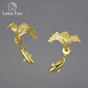 Örhängen lotus kul 18k guld ovanlig uppdelad design slåss fisk studörhängen för kvinnor riktiga 925 sterling silver original fina smycken