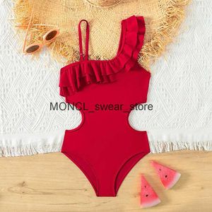 Kvinnors badkläder Retro Red Color Teenage Girls Swimsuit One Piece 5-14 Year Kids Ruffled Beachwearh24221