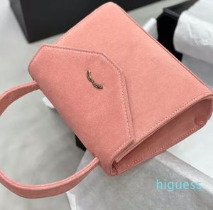 2024 Designer Lady Pink Suede Square Bag with Half Round Handle Trapezoidal Flap Silver Metal Hardware Luxury Lovely Princess Tote Cosmetic Case Coin Purse Handbag