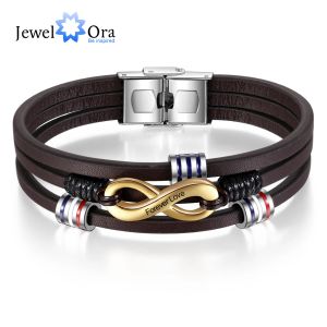 Bracelets JewelOra Customized 3Layers Brown Leather Bracelets for Men Personalized Engraving Name Infinity Wristband Bracelets