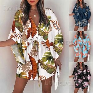 Vestidos casuais básicos Sexy V de pescoço Vestido Mulheres Impressão de verão Batwing Button Button Lace-up Mini Dress Fashion Loose Boho Beach Vestres 2022 T2402221