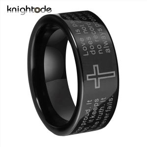 Band 8mm lasergraverad bibelvers Christian Lord Prayer Cross Ring för män Kvinnor Tungsten Steel Wedding Bands Polished Comfort Fit