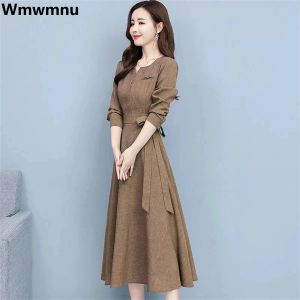 Klänning bomullslinne avslappnad långärmad klänning kvinnor vår höst koreansk modebälte vintage midi klänningar elegant fest aline vestidos