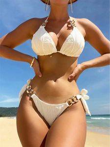 Kvinnors badkläder metallkedja thong för kvinnors bikini vit svart tryck upp 2-delad baddräkt 2023 Brasilien strand baddräkt slips sida thong baddräkt j240221
