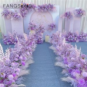 Roxo verde artificial flor linha arranjo casamento estrada chumbo mesa arco layout festa decoração de parede 240219