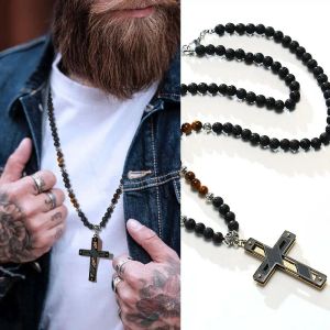 Necklaces Men's Stainless Steel Bible Our Father Cross Pendant with Lava Beads Tiger Eye Stone Rosaries Necklace Religion Jewelry
