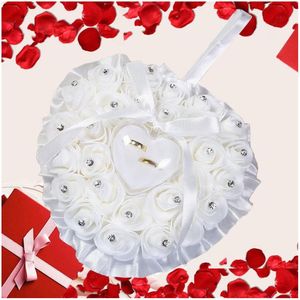 Ghirlande di fiori decorativi Bomboniere Cuscino per anelli con scatola trasparente Design a cuore Decorazione con strass Decorazione cuscino Proposta Dhcfv