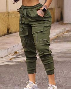 여성용 바지 Capris Womens Cargo Pants 캐주얼 바지 2023 가을 단색 트렌드 스트리트 포켓 디자인 커프 서식기 장식화물 바지 T240221