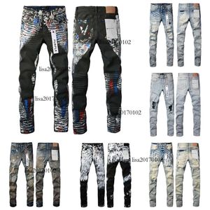 Jeans Roxo Designer Reta Calças Skinny Jeans Baggy Denim Europeu Jean Hombre Mens Calças Calças Biker Bordado Rasgado para Tendência 29-40