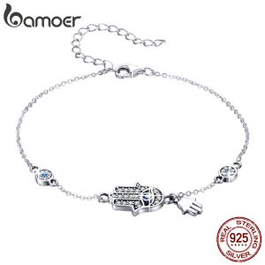 Bangles Bamoer 925 Sterling Silver Fatima Mão Lucky Chain Link Pulseira Azul Evil Eye Lagosta Fecho Ajustável Hamsa Chain Bracelet