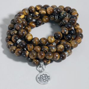 Armbänder 8 mm natürliche gelbe Tigeraugenperlen 108 Mala Wickelarmband Yoga Gebetsschmuck Lotus OM Baum des Lebens Anhänger Männer und Frauen Rosenkranz