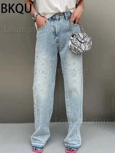 Kvinnors jeans bkqu raka baggy jeans kvinnor hög midja breda ben strass denim långa byxor 2023 mode streetwear diamanter shinny byxor t240221