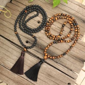 Necklaces 8mm Natural Stone Beads,Tigers Eye,Matte Black Onyx,Protective,Prayer,JapaMala Sets,Spiritual Jewelry,Meditation,108 Mala Beads
