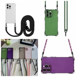 Kalınlaştırılmış Tasarım Yumuşak TPU İPhone 15 Pro Maks 14 Plus 13 12 11 I15 Kristal Clear Lüks Dört Köşeli Anti Anti Anti Anti Anti Anti Anti-Fone Back Kapak Crossybody Strap ile