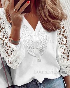 女性のブラウスシャツエレガント女性ブラウス白いシャツレースホローパネル長袖ソリッドシャツオフィスレディトップスブルサスミュージャーエレガントYジュベニールT240221