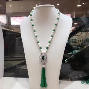 Chains Natural 8-9mm White Freshwater Pearl Inlaid Green Stone Long Tassel Necklace Sweater Chain Jewelry 25inch