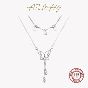 Pendants Ailmay Genuine 925 Sterling Silver Butterfly Clean CZ Double Layer Stackable Pendant Necklace For Women Wedding Party Jewelry