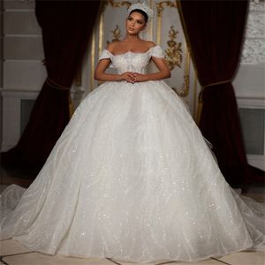 Arabic Dubai Luxury Bling Wedding Dress Off the Shoulder Beads Sequins Lace Up Puffy Bridal Gowns Custom Made Vestido de novia