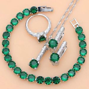 Uppsättningar 925 Sterling Silver Jewelry Green CZ Birthstone Jewelry Set Women Earrings and Ring Lover Gift