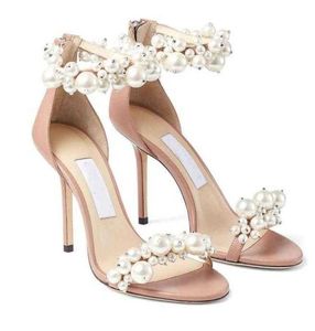 Bröllopsklänning Sandaler skor pärlor ankel remmen lyxiga sommarhögklackar kvinnors promenader