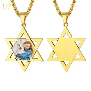 Necklaces U7 Stainless Steel Star of David Necklace with Your Photo Memorial Picture Laser Engrave Name Personalized Jewelry for Family