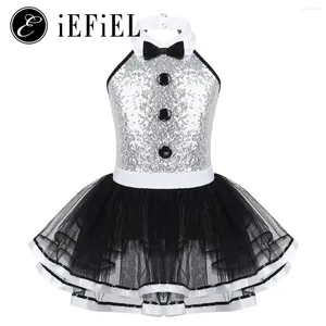 Stage Wear Kids Girls Sparkly Sequins Halter Neck Backless Ballet Dance Mesh Tutu Dress Gymnastics Leotard Modern Contemporary Costume