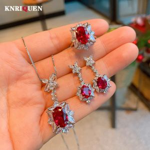 Sets 2022 Vintage Ruby Jewelry Set for Women Rings Pendant Necklace Earrings Simulation Gemstone Wedding Accessories Anniversary Gift