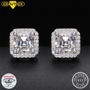 Örhängen D VVS Ascher klippte Moissanite Square Stud örhängen 925 sterling silver hög kvalitet för kvinnor bröllop smycken passerade diamanttest