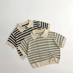 男の子のニットウェア服のターンダウンカラールーズポロTシャツファッションストライププルオーバートップ子供女の子かわいい夏ヴィンテージトップ240219