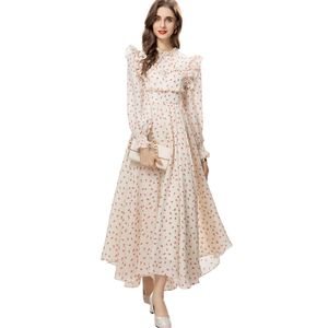 Kvinnors banor klänningar rufsade krage långa ärmar tryckta rufsar elegant modedesigner party vestidos prom klänning