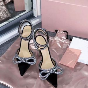 Dress Shoes Rhinestones mach High Heels Women Pumps Crystal Bowknot Satin Summer Lady Shoes Genuine Leather Party Prom Shoe