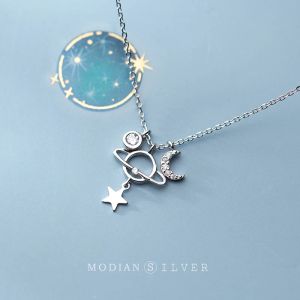 Colares MODIAN Dazzling Zircon Estrelas Lua Planeta Pingente Colar para Mulheres Moda 925 Sterling Silver Link Chain Colar Fine Jewelry