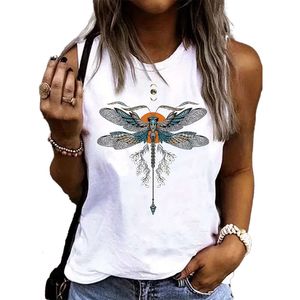 2024 Canotta da donna con collo rotondo ampio e stampa Art Dragonfly