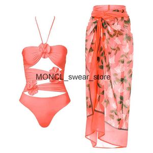 Women's Swimwear 2023 Flower One Piece Swimsuit with Beach Skirt Cut Out V Neck Bathing Suit Wear High Leg Bodysuit Monokini FemaleH24221