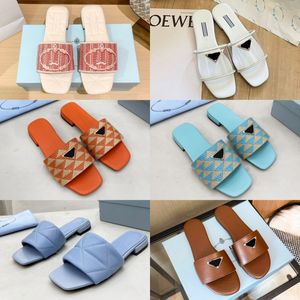 Embroidered Fabric Slides Slippers Black Womens Metal Triangle pink green blue red white Flat Flip Flops Summer Beach Logo Slide Sandals 85iC#