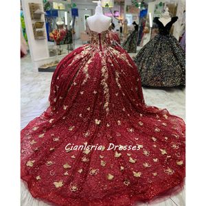 Ciemnoczerwony Kryształowe cekinowe cekinowe sukienki Quinceanera suknia balowa złota aplikacje 3D Butterfly gorset vestidos para xv anos