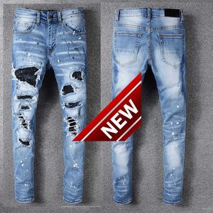 märke hål patch diamant jeans nya unga män smala leggings