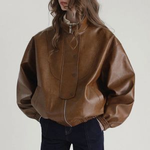 Jaquetas Lady Fashion Coather Jacket 2023 New Oil Wax Sheepskin Leather Coat Women Stand Collar Streetwear Sheep Leather Tf5281