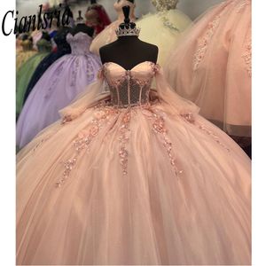 Pink Princess Quinceanera klänningar från axelspetsapplikationer korsett bollklänning söt 16 17 födelsedag vestidos de 15
