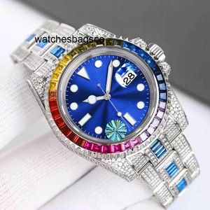 Mens Watch Clean Watch Full Diamond Mens Automatic Mechanical 40mm with Diamond-studded Steel Bracelet Rainbow Square Diamonds Dial Sapphire