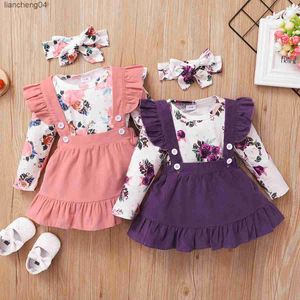 Clothing Sets 0-18 Months Newborn Baby Girl Clothes Set Floral Print Long Sleeve Romper Top + Suspender Skirt + Headband Cute 3PCS Outfit