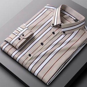 Мужская эластичная тонкая модная повседневная удобная рубашка ручной работы с длинными рукавами в деловую полоску, классический базовый стиль 240221