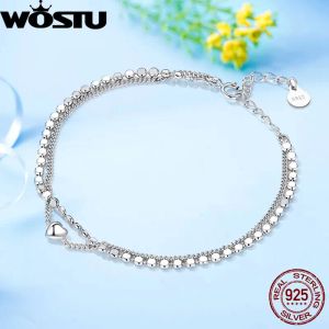 Strands WOSTU 925 Sterling Silver Simple Double Layer Heart Bracelet for Women Adjustable Lock Chain Bracelet Fine Jewerly Wedding Gift