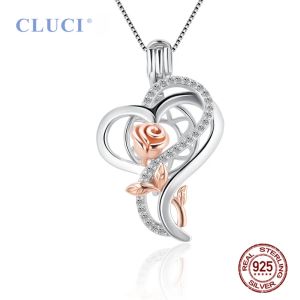 Pendants CLUCI 100% 925 Sterling Silver CZ Romantic Rose Flower Necklace Cage Pendant DIY Girls Valentine Pearl Love Heart Charms SC455SB