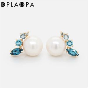 Kolczyki DPlaopa 100% 925 Sterling Srebrny Big Pearl Blue Stude Earring Women Clips Piecing Pendiente luksusowy prezent biżuterii