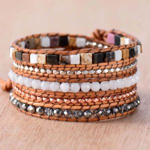 Bracelets Beaded Leather Bracelets Natural Stones 5X Strands Wrap Bracelets Vintage Woven Stackable Bracelet Handmade Lover Bracelet